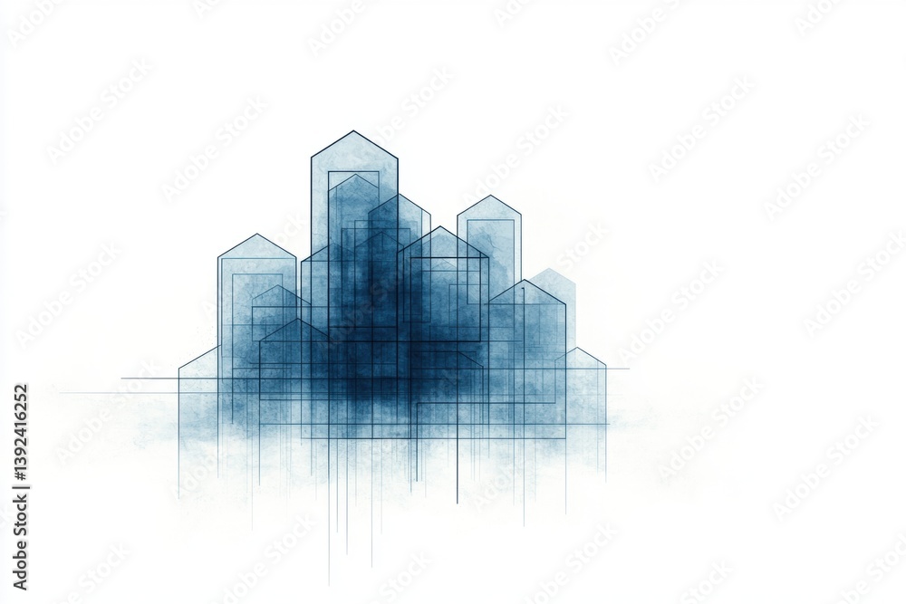 Fototapeta premium Abstract architectural design with blue outlines, featuring a cluster of stylized buildings against a minimalist background.