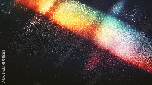 Vibrant rainbow light refracts on dark textured surface creating sparkling glitte effect.
