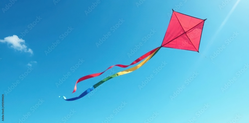 High-flying kite with rainbow-colored tail streaming behind it against a clear blue sky with just a few wispy clouds, color, aerodynamic High-flying kite with rainbow-colored tail streaming behind it against a clear blue sky with just a few wispy clouds, color, aerodynamic