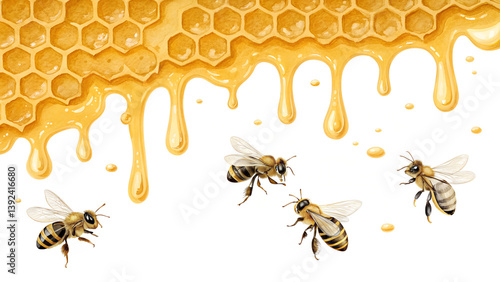 Bees flying near a honeycomb with dripping honey on a transparent background.