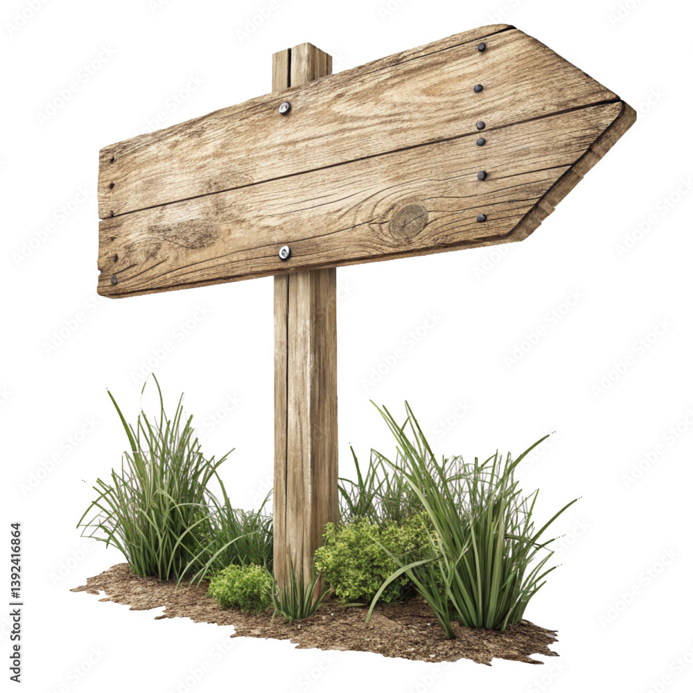 Weathered Wooden Arrow Signpost with Green Grass Tufts Weathered Wooden Arrow Signpost with Green Grass Tufts