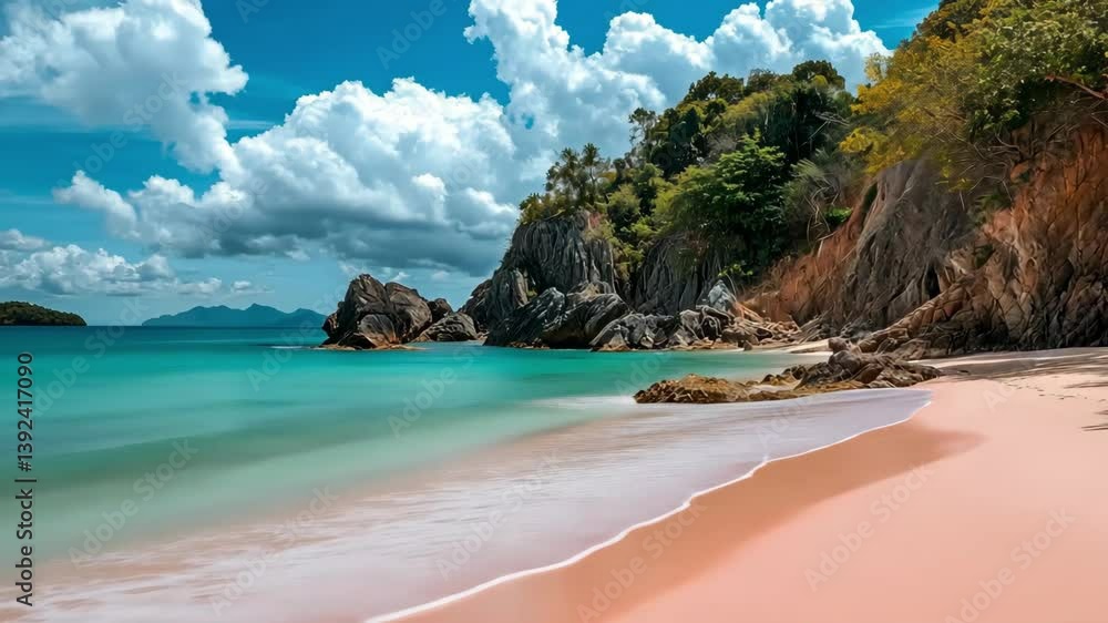 Animation of dreamy tropical beach with pink sand, soft clouds, and bright turquoise waters Animation of dreamy tropical beach with pink sand, soft clouds, and bright turquoise waters