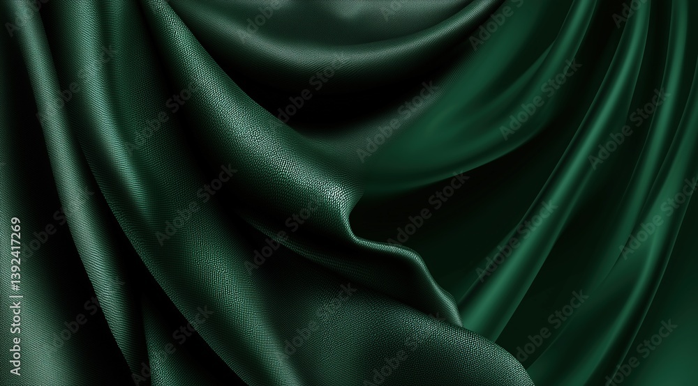 Obraz premium Dark Green Silky Fabric Drapery with Soft Folds, Texture and Subtle Light Reflection
