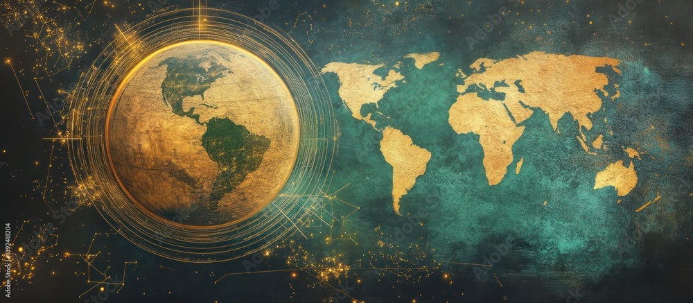 Naklejka premium Global connectivity concept with world map, network lines and sparkling nodes design