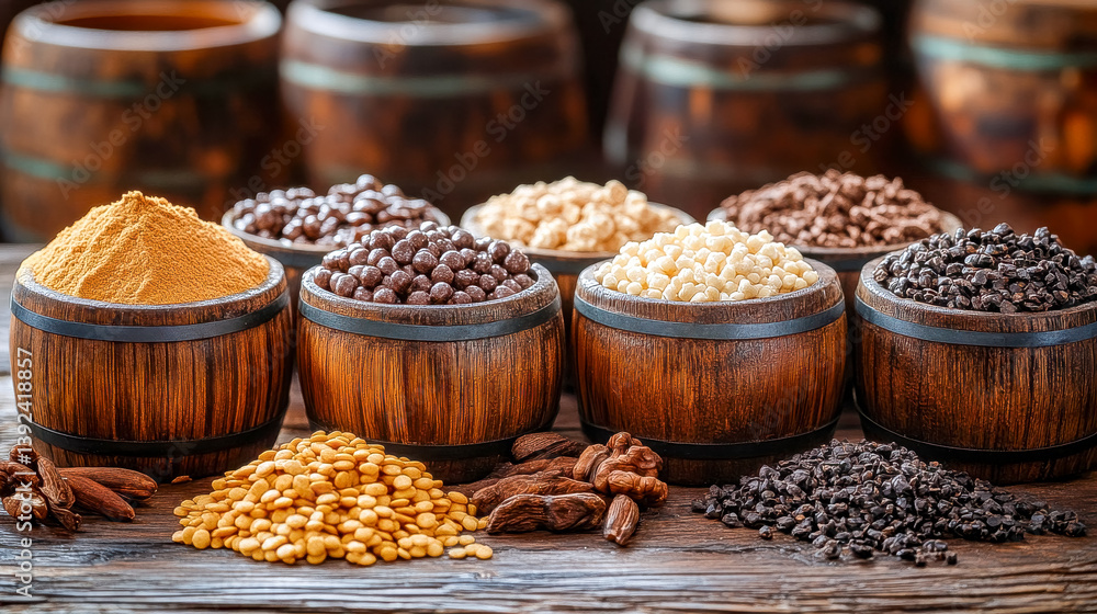 Rustic bowls showcase food textures, storing grains and ingredients. Wooden barrels add spice, perfect for storage. Rustic bowls showcase food textures, storing grains and ingredients. Wooden barrels add spice, perfect for storage.