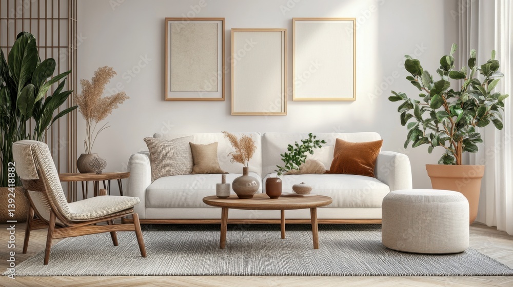 Bright, airy living room with a white sofa, natural wood accents, and lush greenery. A calming, bohemian-inspired interior design Bright, airy living room with a white sofa, natural wood accents, and lush greenery. A calming, bohemian-inspired interior design