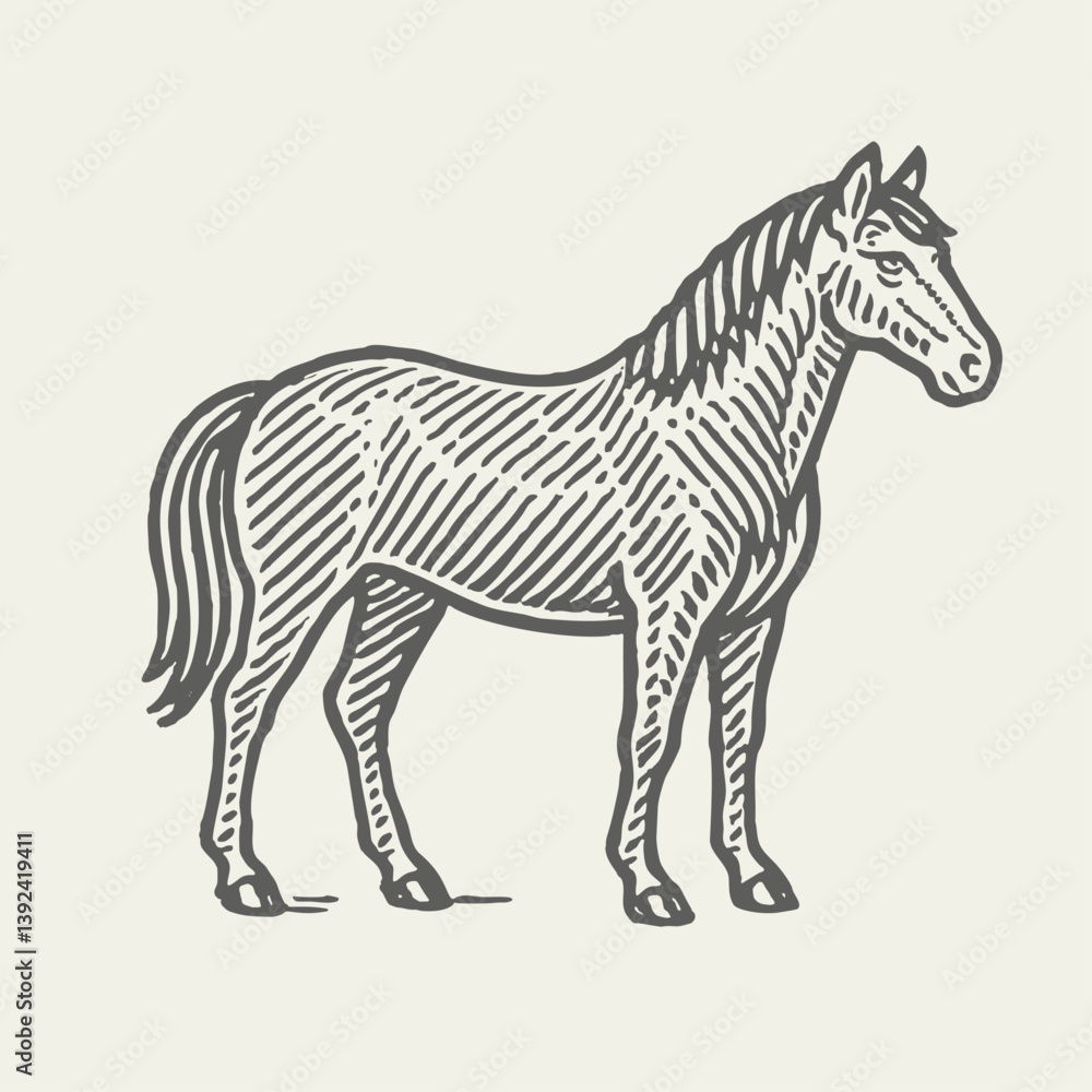 Fototapeta premium Horse Standing. Vintage rough woodcut linocut engraving style vector illustration. 