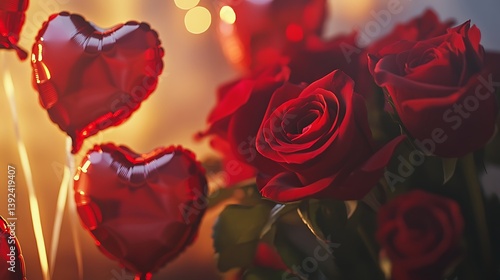 Vibrant arrangement of red roses alongside heart-shaped balloons creating a romantic atmosphere, illuminated by soft warm lights, perfect for celebrating love