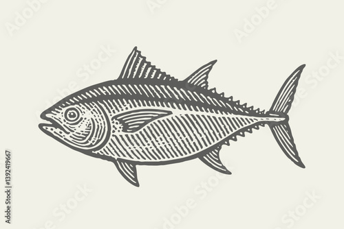 Tuna fish side view. Vintage woodcut engraving style vector illustration.
