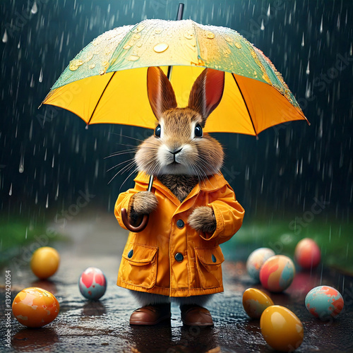 Caricature cartoon-like cute Easter bunny wearing a yellow raincoat and boots holding an umbrella surrounded by colorful Easter eggs, April showers, spring rain.
