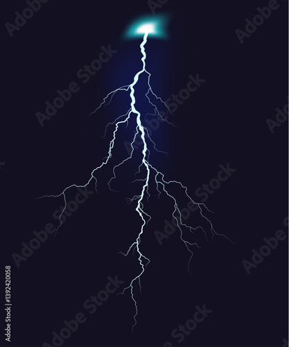 Lightning bolt striking from dark sky in vector illustration showcasing nature power and energy during a stormy night