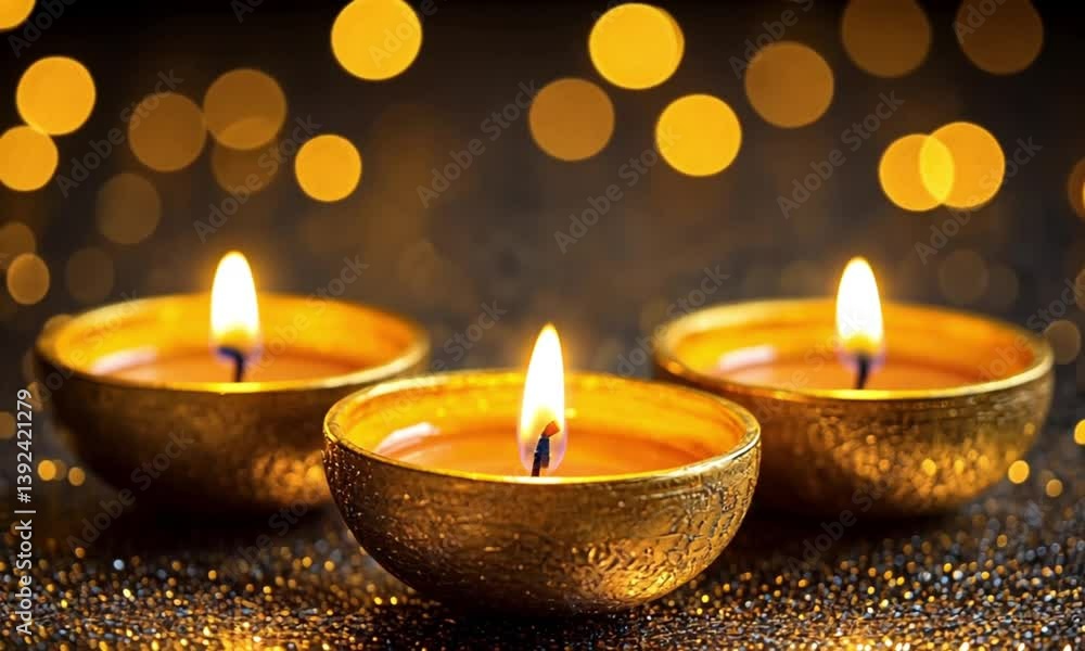 Three lit candles in small bowls, possibly for spiritual or relaxation themes. Three lit candles in small bowls, possibly for spiritual or relaxation themes.