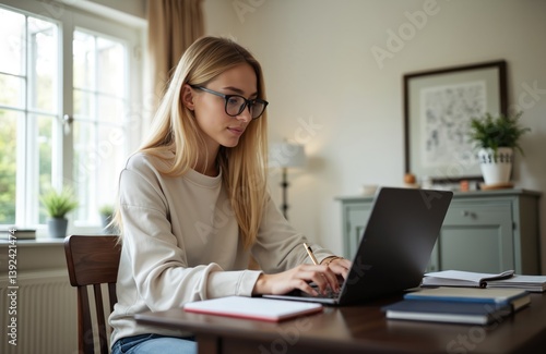 Free Download Young blonde woman studies at home, uses laptop. Millennial female student writes notes in notebook. Girl works online in living room. Modern education concept. - GFXLoad