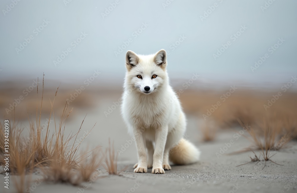 Fototapeta premium Arctic fox standing calmly on beach. Wild animal with white fur in natural habitat. Predator, looking to camera. Wildlife scene, perfect for posters, postcards advertising materials, cold climate,