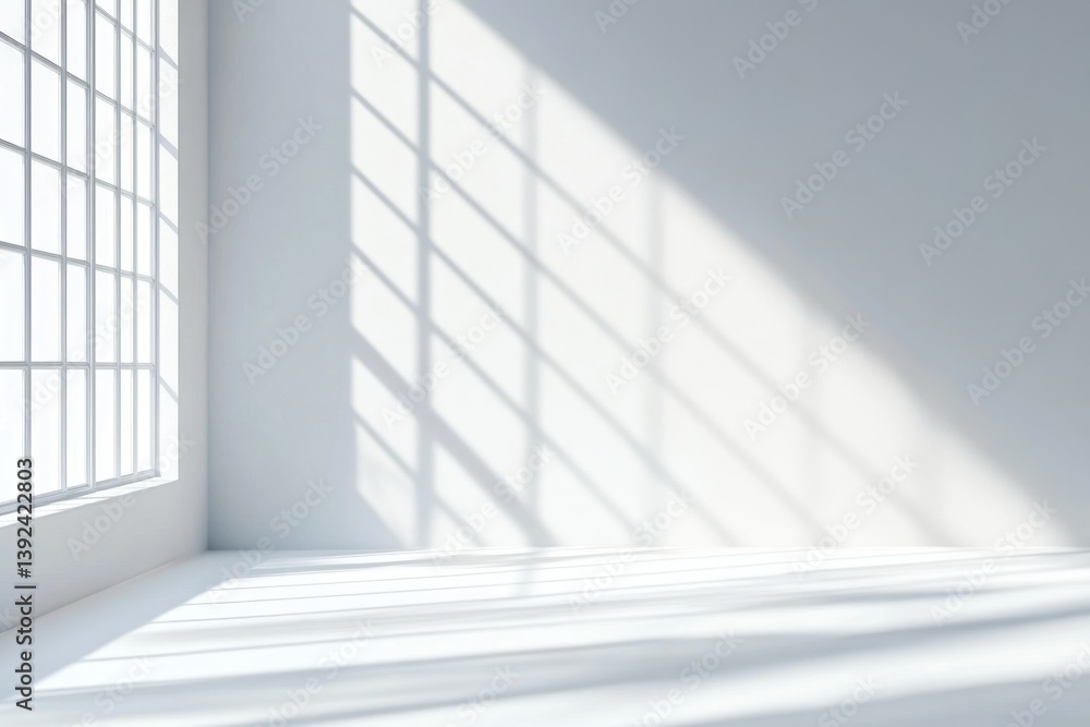 Fototapeta premium Sunlight casts shadows in a white room with large window