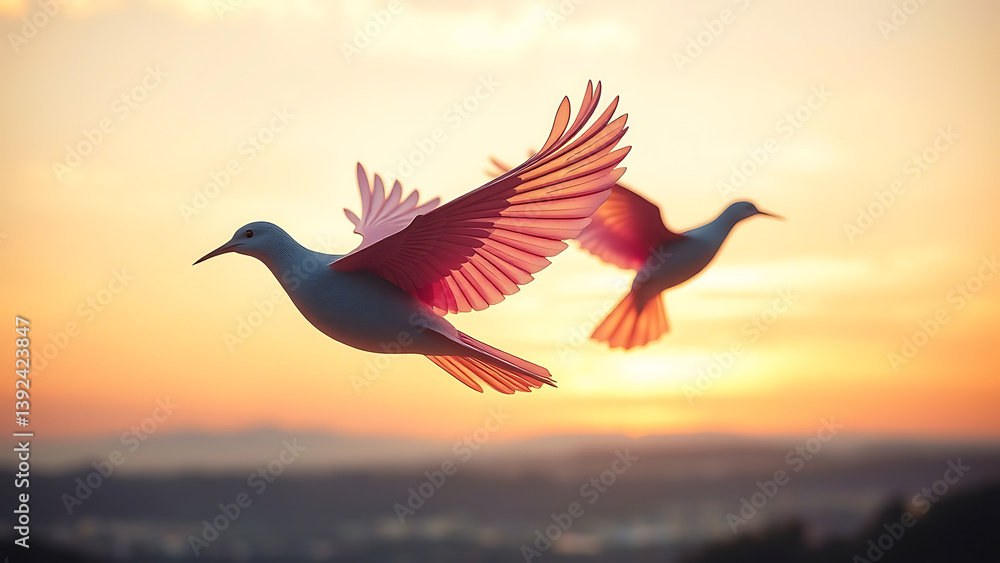 Fototapeta premium Show books transforming into birds, soaring through the sky, symbolizing the freedom and imagination that reading brings. The scene should have a dreamy, poetic, and soft color palette