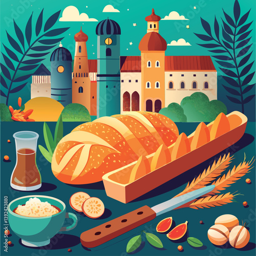 Charming town scene with fresh bread.
