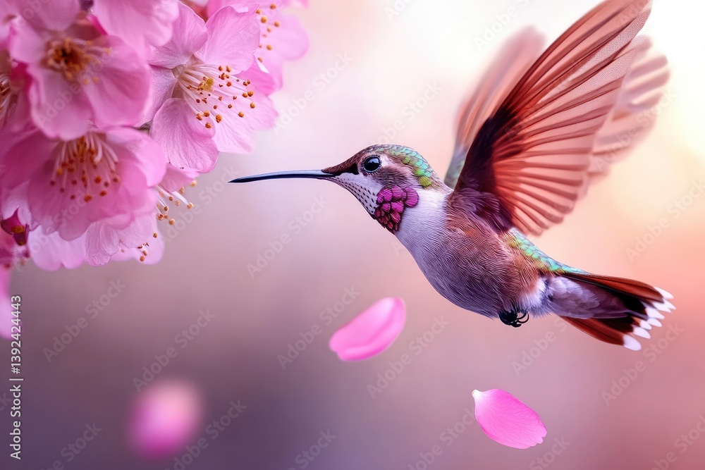 Naklejka premium Hummingbird flying near pink blossom flowers and petals in spring