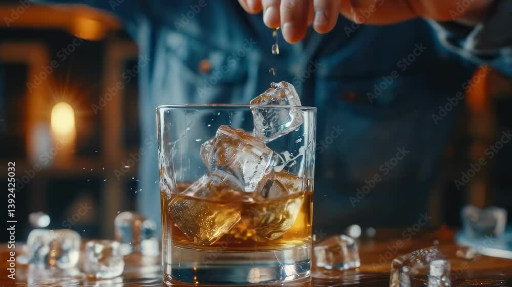 ice falls into a whiskey glass