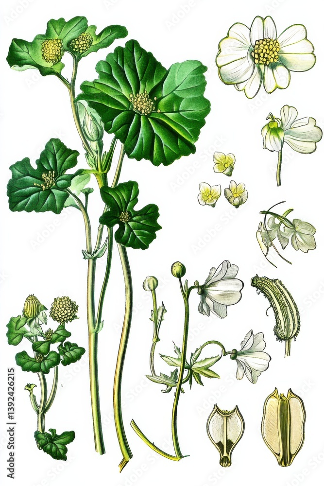 Illustration depicting various parts of the Calypso plant alongside detailed botanical features Illustration depicting various parts of the Calypso plant alongside detailed botanical features