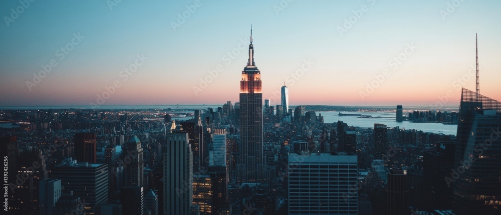 Obraz premium Urban Freedom Panorama Cinematic New York City Skyline Sunset - Digital Nomad Lifestyle, Immersive Metropolitan Exploration and Global Connectivity Narrative