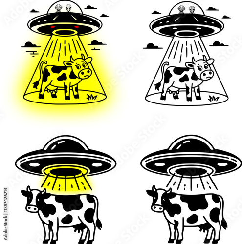 UFO Beaming Cattle: Alien Abduction Vector Set & Illustration of a Cow Being Abducted by Aliens in the Night Sky