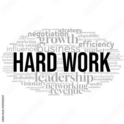motivating word cloud focused on hard work, highlighting key terms related to dedication, perseverance, and effort. Ideal for inspiring determination, commitment, and the pursuit of success through ha