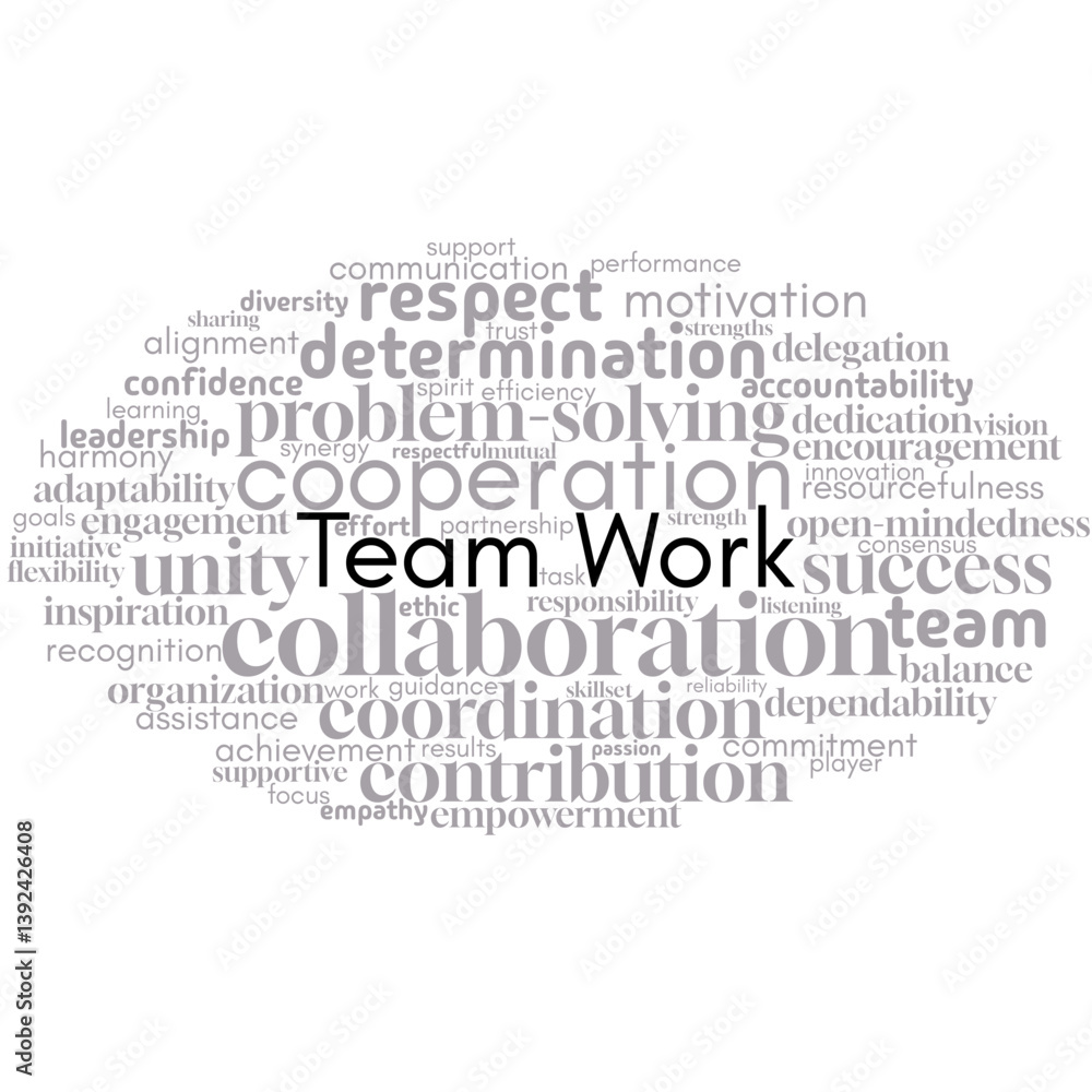 An energizing word cloud focused on teamwork, emphasizing collaboration, cooperation, and mutual support. Perfect for illustrating the power of unity, collective effort, and shared success in professi An energizing word cloud focused on teamwork, emphasizing collaboration, cooperation, and mutual support. Perfect for illustrating the power of unity, collective effort, and shared success in professi