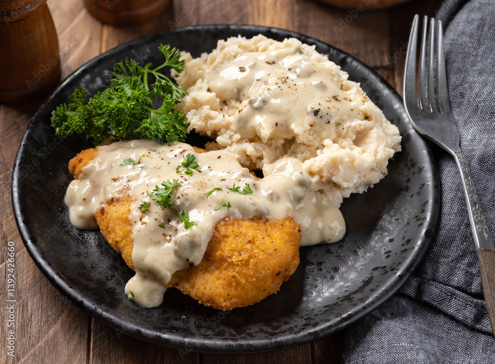 Fried chicken cutlets with mashed potatoes and gravy Fried chicken cutlets with mashed potatoes and gravy
