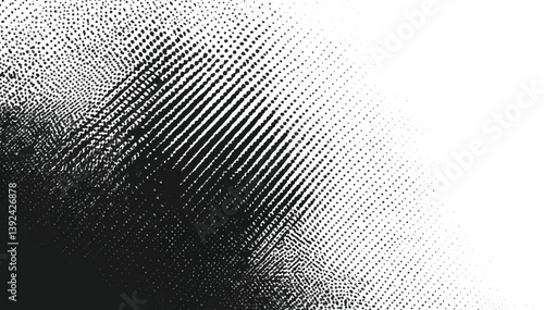 Distressed halftone grunge black and white vector texture, Grungy lines, scratch pattern. Isolated png illustration, transparent background. 