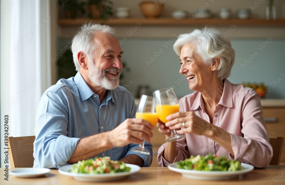 Happy senior couple clink juice glasses at home. Elderly man and woman smiling, enjoying dinner. Healthy lifestyle, romantic relations, family time. Joyful retired life together. Happy senior couple clink juice glasses at home. Elderly man and woman smiling, enjoying dinner. Healthy lifestyle, romantic relations, family time. Joyful retired life together.
