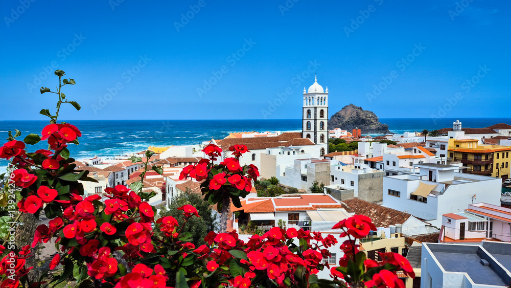 Obraz premium Vibrant red flowers frame a picturesque view of Garachico , tenerife, with its white buildings and iconic church tower against the backdrop of the atlantic ocean