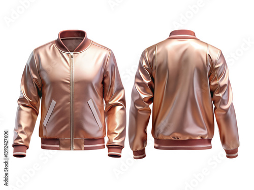 Shiny Rose Gold Bomber Jacket Design Front and Back View, Varsity Jackets Mockup, Varsity Jackets isolated, Varsity Jackets transparent background, Varsity Jackets Png