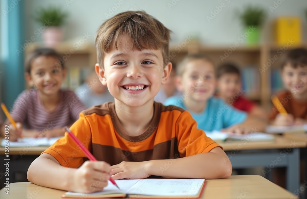 Happy boy writes in class. Primary school education, children study. Young student smile with book for knowledge. Children learn together in classroom. Test and creative assignment in room. Happy boy writes in class. Primary school education, children study. Young student smile with book for knowledge. Children learn together in classroom. Test and creative assignment in room.