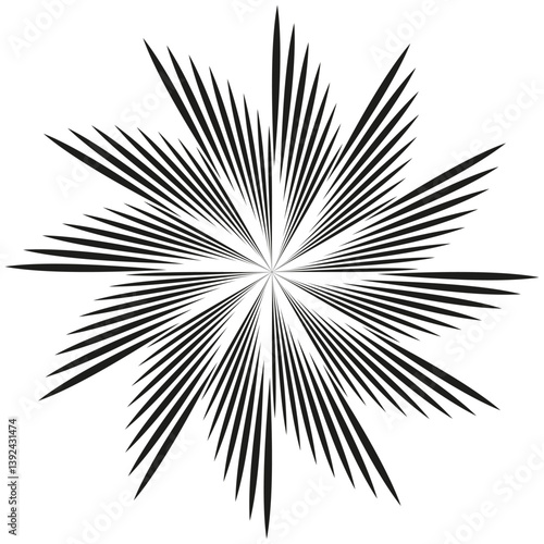 Radiating star shape. Sharp dynamic burst. Abstract line explosion. Vector black contour.