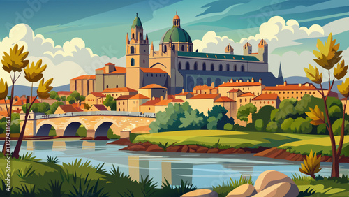 Cathedral of Salamanca and bridge over Tormes river