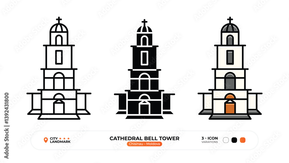 Cathedral Bell Tower, Line Icon. Chisinau, Moldova, Landmark, Silhouette, Color Vector, Editable Stroke. Cathedral Bell Tower, Line Icon. Chisinau, Moldova, Landmark, Silhouette, Color Vector, Editable Stroke.