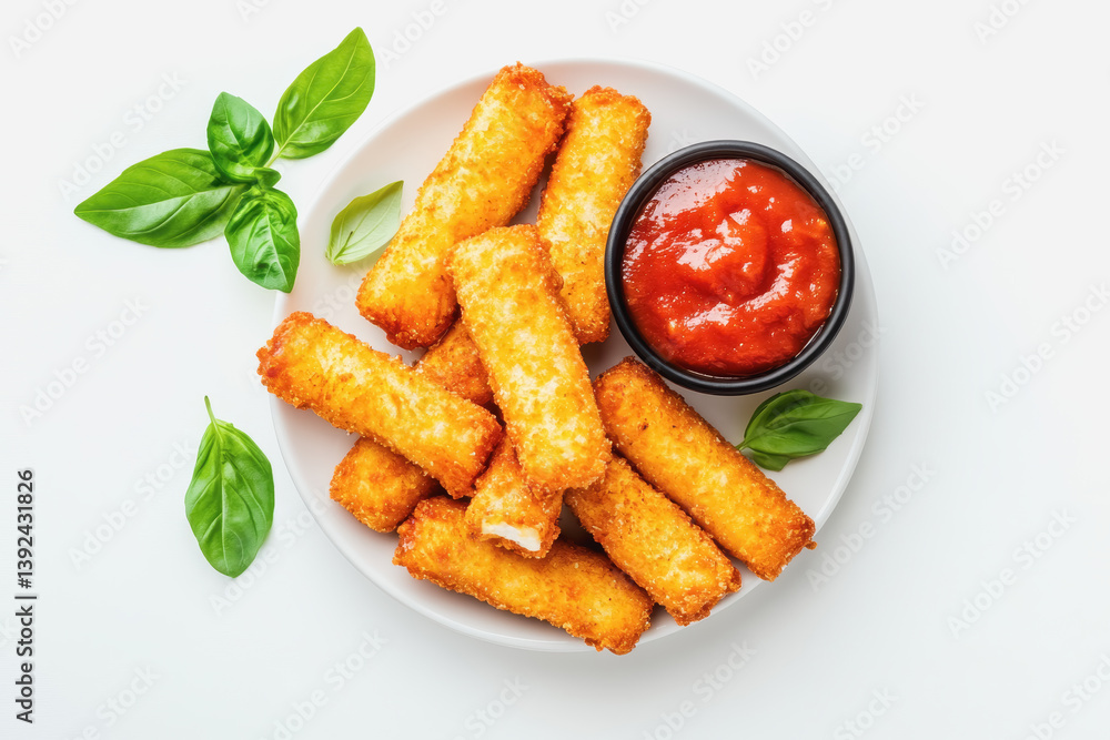 Overhead view of a plate featuring deliciously fried fish sticks perfectly golden brown and ready for dipping Overhead view of a plate featuring deliciously fried fish sticks perfectly golden brown and ready for dipping
