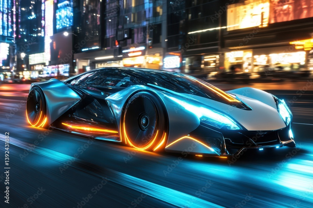 Futuristic car driving through a vibrant city street at night with dynamic neon lights Futuristic car driving through a vibrant city street at night with dynamic neon lights