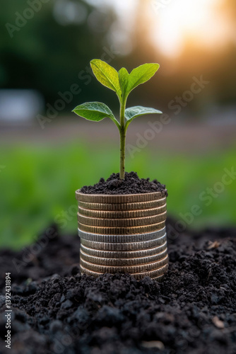 small green plant growing from stack of coins in soil, symbolizing financial growth and sustainability