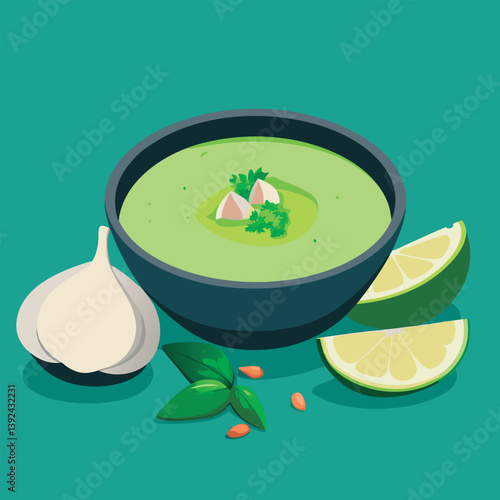 Green soup with lime and garlic.