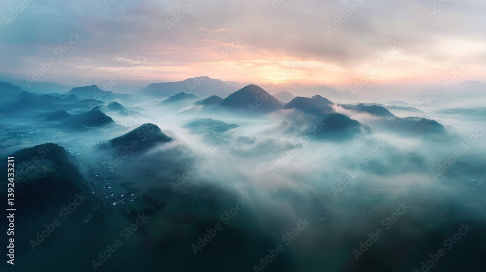 Aerial view of the foggy mountains at sunrise. The panorama of cascading mountains and a sea of clouds in the Chinese art style is reminiscent of National Park Award winning photographs. Aerial view of the foggy mountains at sunrise. The panorama of cascading mountains and a sea of clouds in the Chinese art style is reminiscent of National Park Award winning photographs.