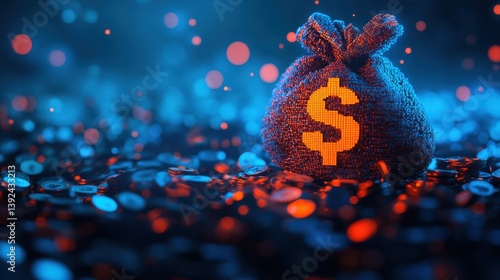A digital rendering of a money bag with a dollar sign, surrounded by glowing particles and coins on a dark blue background