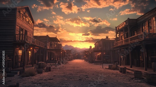 Sunset Over an Old Western Town Street with Rustic Buildings