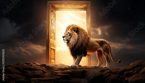 Majestic golden lion walking into a portal of light, religious, biblical reference, symbolism.