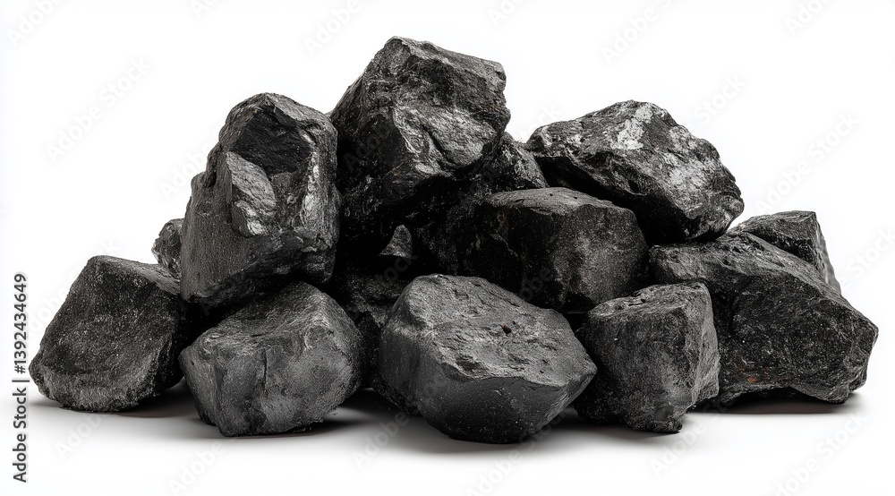 Pile of black coal rocks stacked together on white background in a studio shot Pile of black coal rocks stacked together on white background in a studio shot