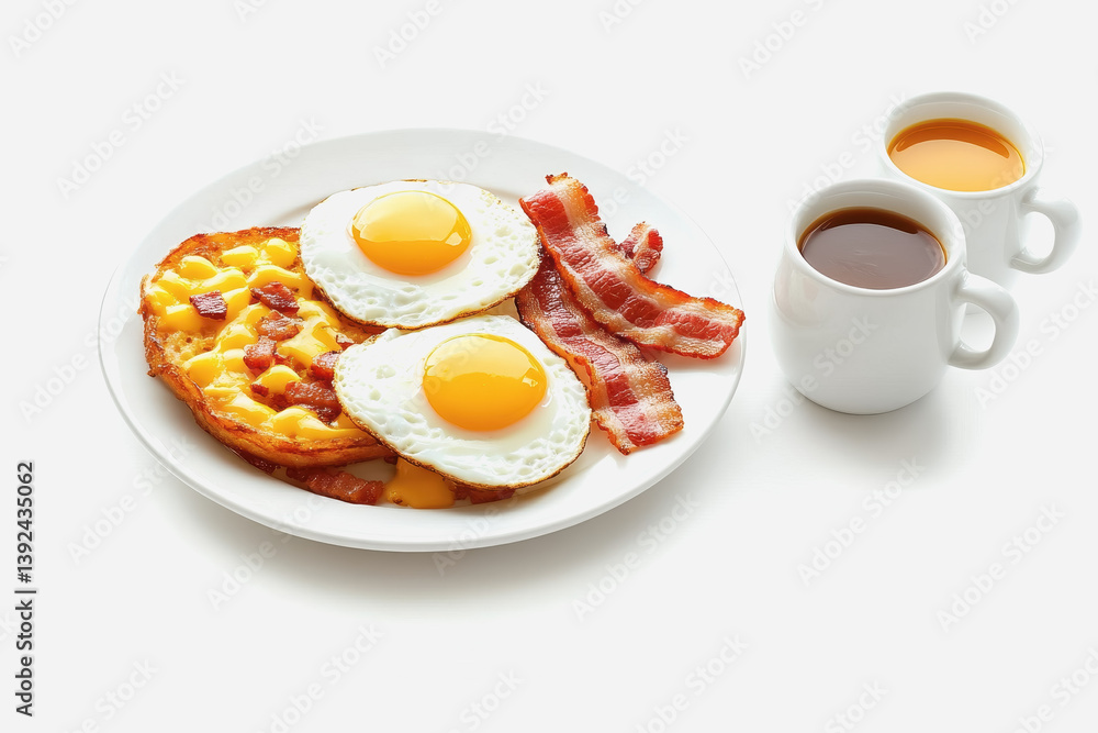Crispy golden hash brown breakfast plate featuring eggs, bacon, and coffee in a top-down view capturing the morning meal Crispy golden hash brown breakfast plate featuring eggs, bacon, and coffee in a top-down view capturing the morning meal
