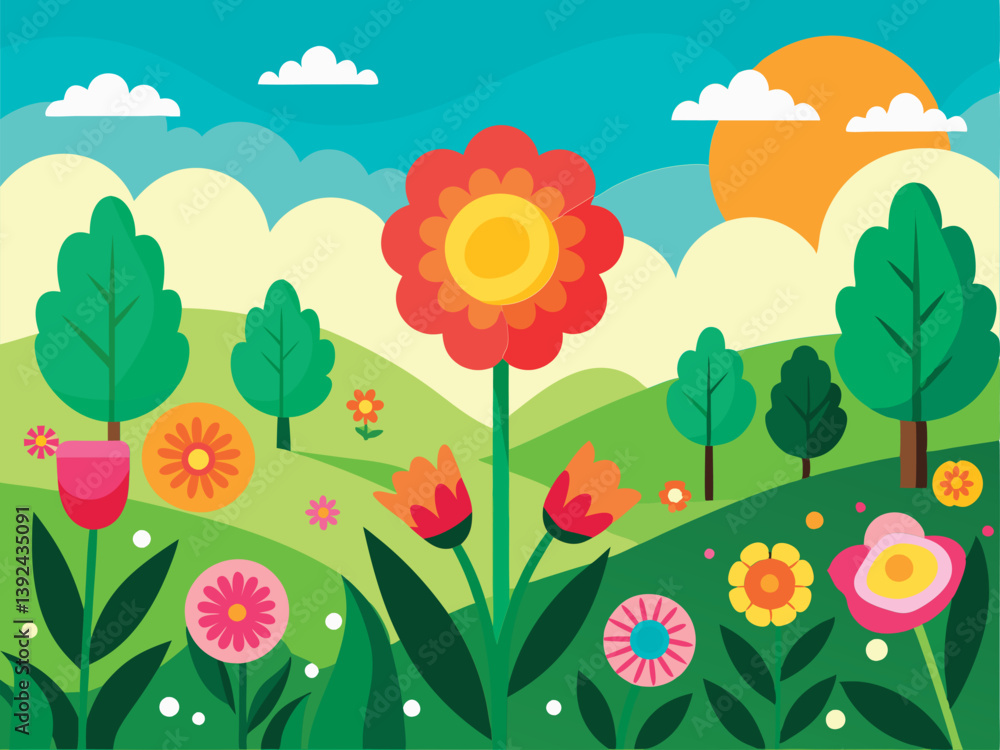 Fototapeta premium Colorful spring landscape with flowers and trees.