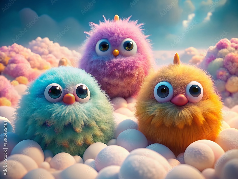 Joyful Fuzzy Creatures on Fluffy Clouds - Whimsical Fantasy Stock Photo Joyful Fuzzy Creatures on Fluffy Clouds - Whimsical Fantasy Stock Photo
