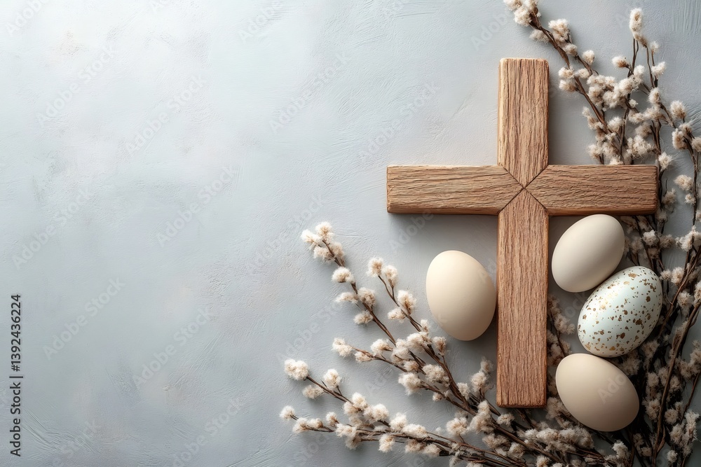 Easter eggs and wooden cross are lying on a gray background with copy space